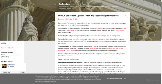 Security scan screenshot of https://www.dorfonlaw.org/2026/06/scotus-end-of-term-opinions-today-blog.html