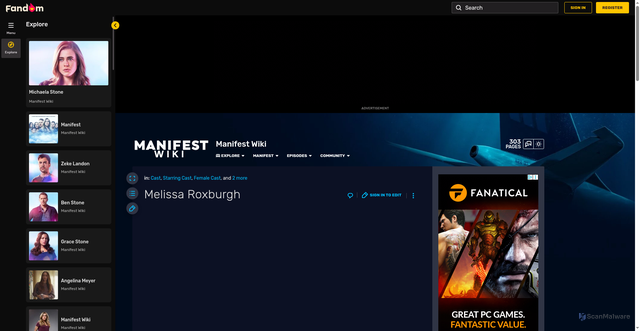 Security scan screenshot of https://manifest.fandom.com/wiki/Melissa_Roxburgh