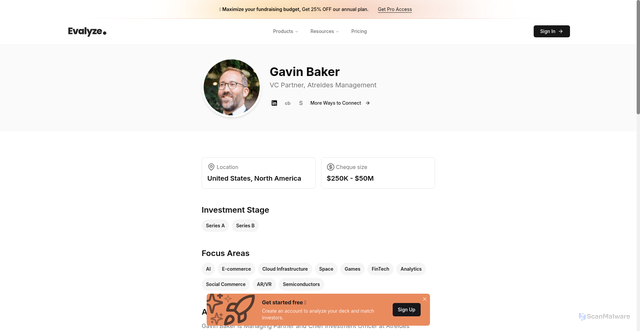 Security scan screenshot of https://www.evalyze.ai/investors/gavin-baker