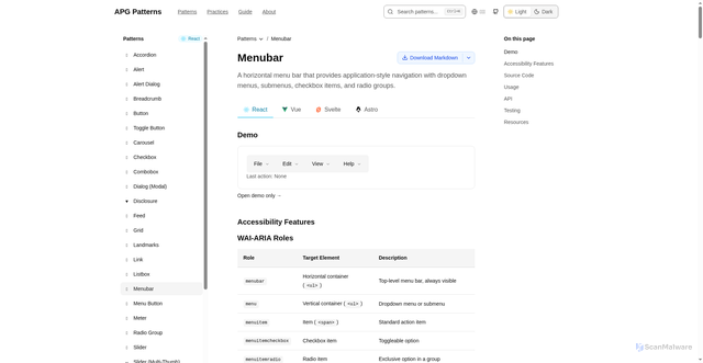 Security scan screenshot of https://apg-patterns-examples.pages.dev/patterns/menubar/react/