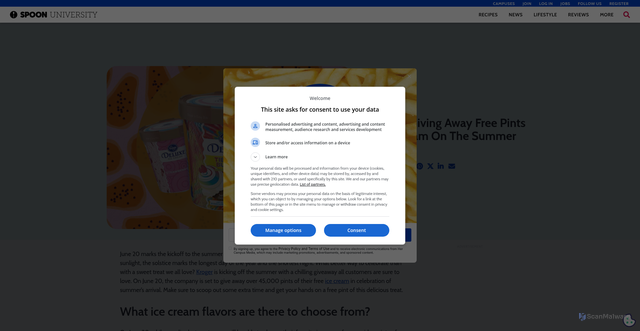 Security scan screenshot of https://spoonuniversity.com/news/kroger-is-giving-away-free-pints-of-ice-cream-on-the-summer-solstice/