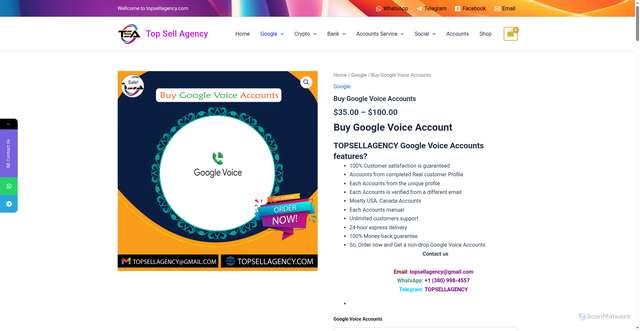 Security scan screenshot of https://topsellagency.com/product/buy-google-voice-accounts/