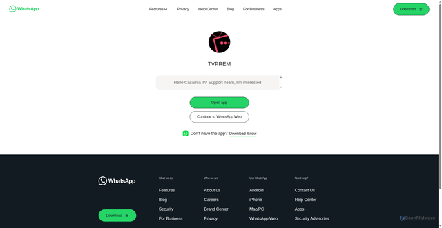Security scan screenshot of https://api.whatsapp.com/send?phone=212708234666&text=Hello%20Casamia%20TV%20Support%20Team%2C%20I%E2%80%99m%20interested