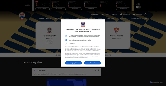 Security scan screenshot of https://newcastlejetsfc.com.au/match/a-league-men/newcastle-jets-vs-brisbane-roar-31-01-2026/