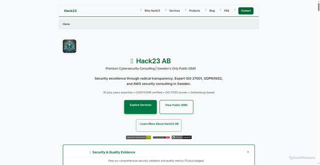 Security scan screenshot of https://hack23.com