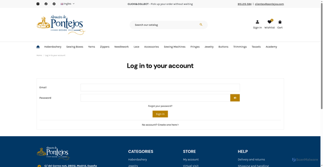 Security scan screenshot of https://www.pontejos.com/en/login?back=https%3A%2F%2Fwww.pontejos.com%2Fen%2Fspecial-occasion-accessories%2F8656-shell.html