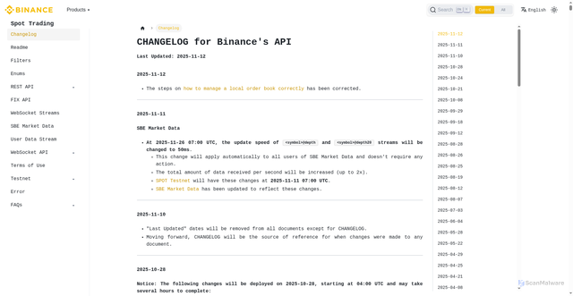 Security scan screenshot of https://developers.binance.com/docs/binance-spot-api-docs