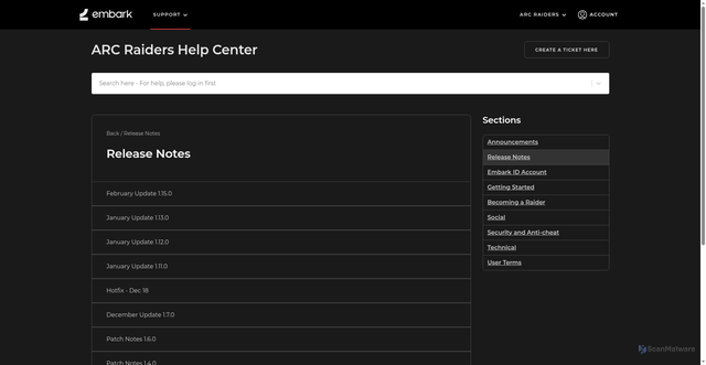 Security scan screenshot of https://id.embark.games/arc-raiders/support/section/release-notes