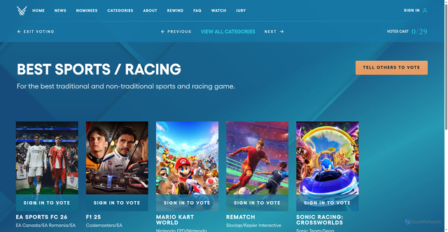 Security scan screenshot of https://www.thegameawards.com/nominees/best-sports-racing