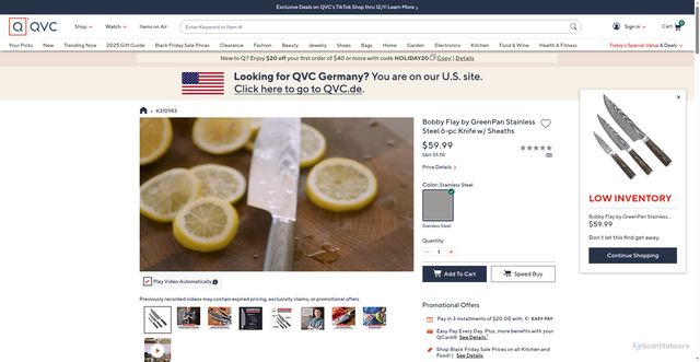 Security scan screenshot of https://www.qvc.com/bobby-flay-by-greenpan-stainless-steel-6-pc-knife-w-sheaths.product.K310983.html
