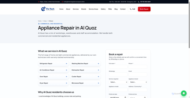 Security scan screenshot of https://fixtechappliancesrepair.online/areas/al-quoz