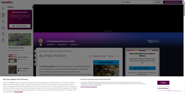 Security scan screenshot of https://fictionrulezforever.fandom.com/wiki/Burmese_Python
