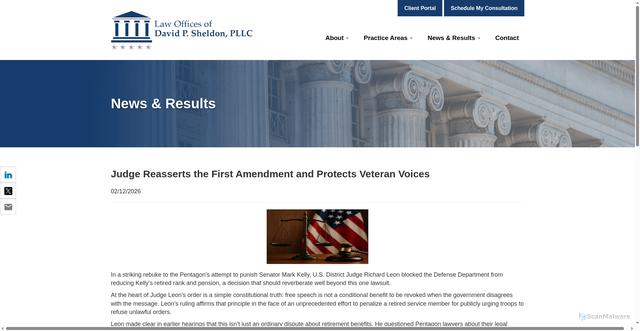 Security scan screenshot of https://www.militarydefense.com/judge-leon-blocks-pentagon-mark-kelly-speech-freedom-of-speech/