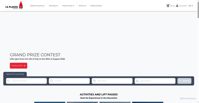 Security scan screenshot of https://www.skipass-laplagne.com/en/?utm_medium=email&utm_source=NL&utm_campaign=SAP_26_06_CA_REL_ALL_CHAUFFE-A_FREN&utm_term=EN&utm_content=SEJOURS-AOUT26&lid=u70oq2w41vq4