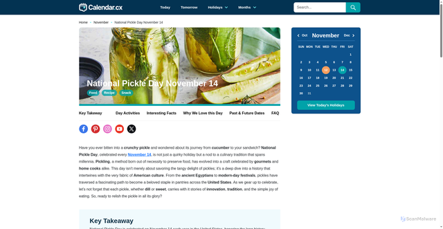 Security scan screenshot of https://calendar.cx/national-pickle-day-november-14/