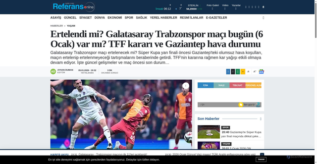 Security scan screenshot of https://www.referansgazetesi.com.tr/ertelendi-mi-galatasaray-trabzonspor-maci-bugun-6-ocak-var-mi-tff-karari-ve-gaziantep-hava-durumu