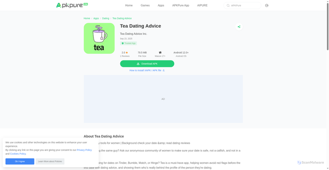Security scan screenshot of https://apkpure.net/tea-dating-advice/com.tea.tea