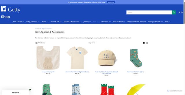 Security scan screenshot of https://shop.getty.edu/collections/kids-apparrel?srsltid=AU7gw4XKvfOpo_sD-CTRPbhX8OkGx1YkzzZUIc8YLbf3JpxDvnrTFe3q