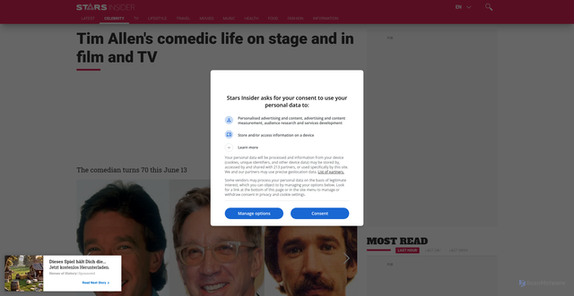 Security scan screenshot of https://www.starsinsider.com/celebrity/552793/tim-allens-comedic-life-on-stage-and-in-film-and-tv