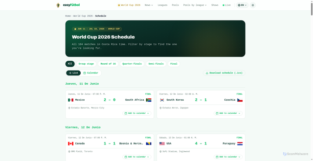 Security scan screenshot of https://www.easyfutbol.com/en/mundial-2026/calendario
