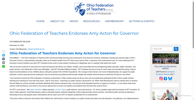 Security scan screenshot of https://oh.aft.org/press/ohio-federation-teachers-endorses-amy-acton-governor