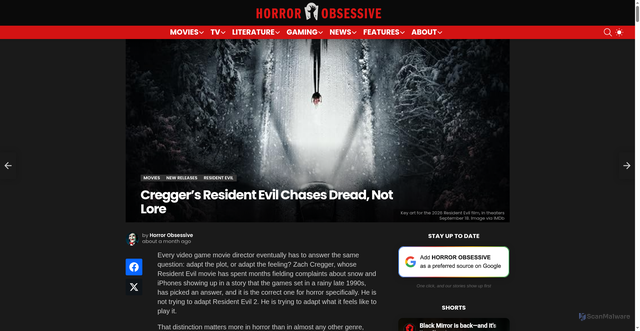 Security scan screenshot of https://horrorobsessive.com/2026/08/12/creggers-resident-evil-chases-dread-not-lore/