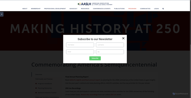 Security scan screenshot of https://aaslh.org/programs/250th/