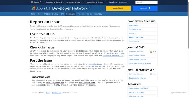 Security scan screenshot of https://developer.joomla.org/framework/report-an-issue.html