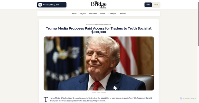 Security scan screenshot of https://thebridgemedia.com.ua/en/trump-media-paid-access-truth-social/