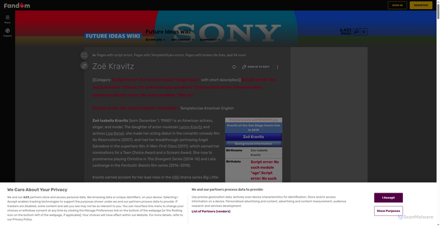 Security scan screenshot of https://future-ideas.fandom.com/wiki/Zo%C3%AB_Kravitz