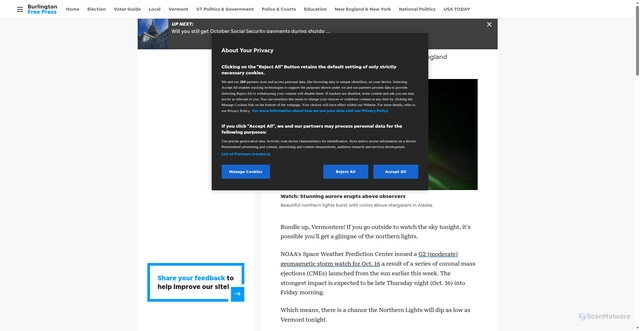 Security scan screenshot of https://www.burlingtonfreepress.com/story/news/2025/10/16/northern-lights-alert15-states-may-see-aurora-borealis-tonight/86724197007/