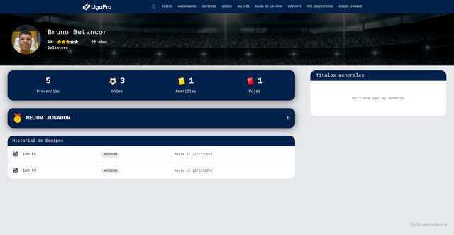 Security scan screenshot of https://www.ligapro.uy/jugador/125353/bruno-betancor