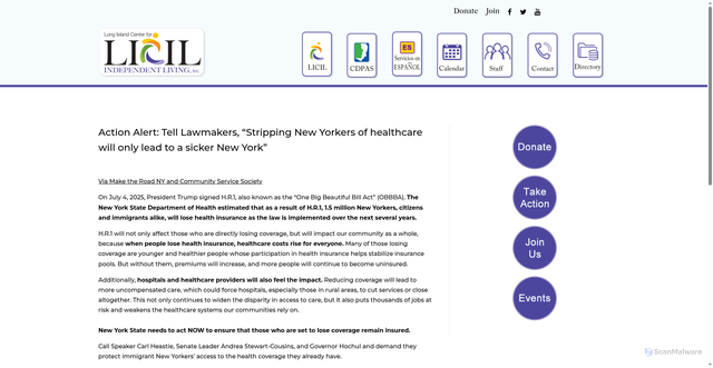 Security scan screenshot of https://licilinc.org/take-action/action-alert-tell-lawmakers-stripping-new-yorkers-of-healthcare-will-only-lead-to-a-sicker-new-york/