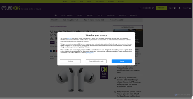 Security scan screenshot of https://www.cyclingnews.com/cycling-tech-components/all-apple-airpod-earbuds-hit-lowest-ever-price-for-black-friday-already-with-a-significant-drop-from-previous-lows/