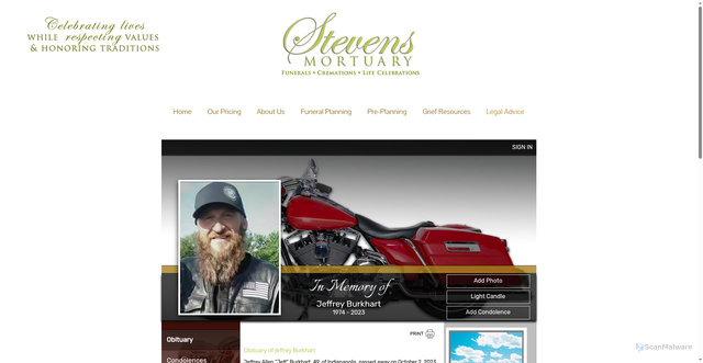 Security scan screenshot of https://stevensmortuary.net/tribute/details/2050/Jeffrey-Burkhart/obituary.html