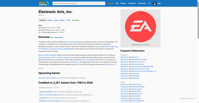 Security scan screenshot of https://www.mobygames.com/company/2/electronic-arts-inc/