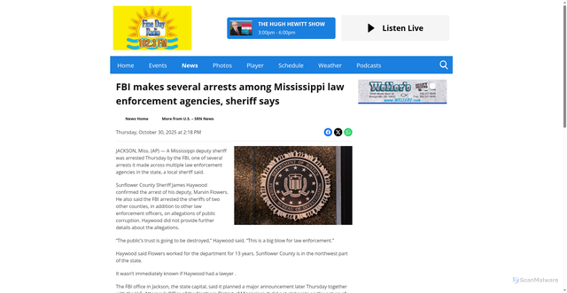 Security scan screenshot of https://www.finedayradio.com/news/u-s-srn-news/fbi-makes-several-arrests-among-mississippi-law-enforcement-agencies-sheriff-says/