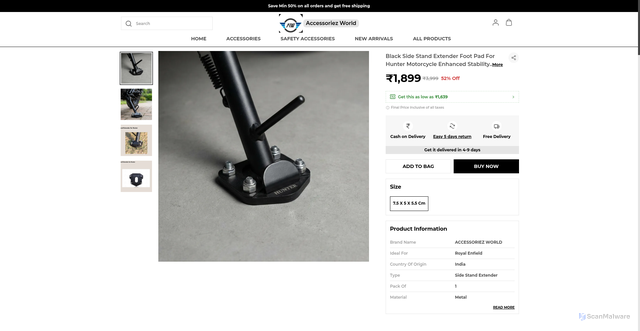 Security scan screenshot of https://accessoriezworld.com/Black-Side-Stand-Extender-Foot-Pad-For-Hunter-Motorcycle-Enhanced/catalogue/lHwE9sa1/rxrL5lxz