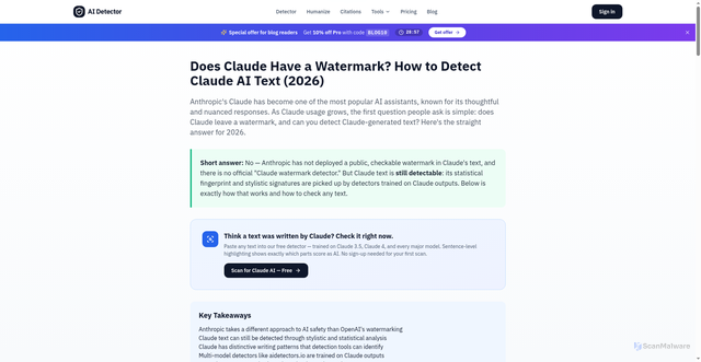Security scan screenshot of https://www.aidetectors.io/blog/detect-ai-watermarks-claude