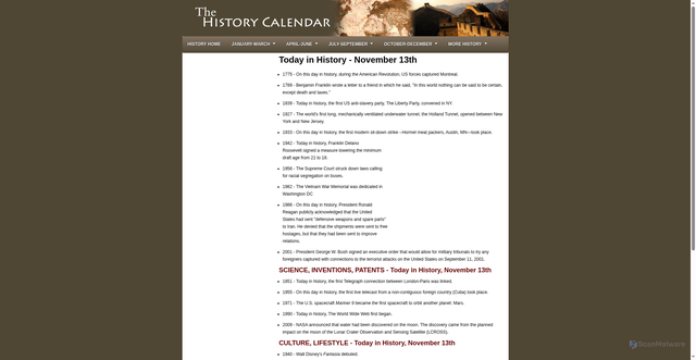 Security scan screenshot of http://www.thehistorycalendar.com/nov/november-13th.html