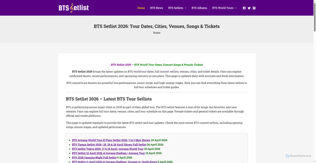 Security scan screenshot of https://btssetlist.com/