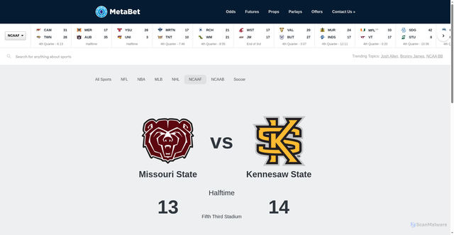 Security scan screenshot of https://scores.metabet.io/ncaaf/games/590376