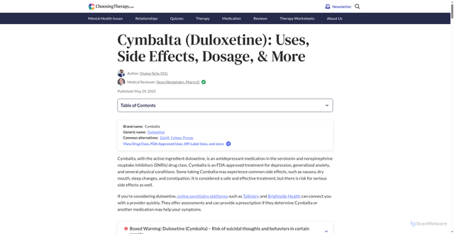 Security scan screenshot of https://www.choosingtherapy.com/duloxetine-cymbalta/