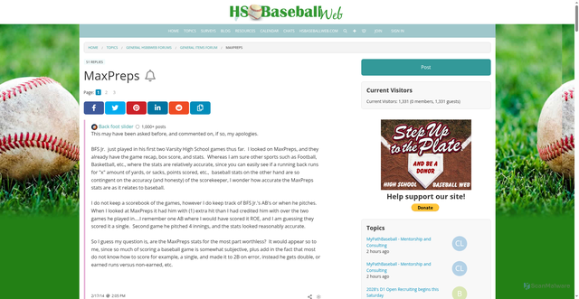 Security scan screenshot of https://community.hsbaseballweb.com/topic/maxpreps?postsPerPage=20