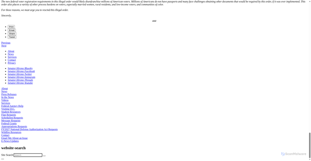 Security scan screenshot of https://www.hirono.senate.gov/news/press-releases/hirono-colleagues-demand-trump-rescind-illegal-anti-voter-executive-order