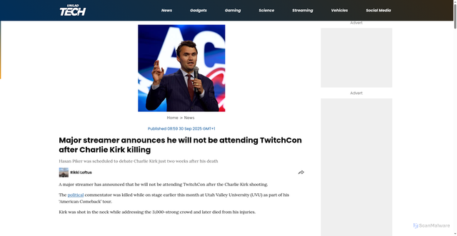 Security scan screenshot of https://www.uniladtech.com/news/major-streamer-announces-not-attending-twitchcon-kirk-980707-20250929