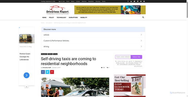 Security scan screenshot of https://www.driverlessreport.com/self-driving-taxis-are-coming-to-residential-neighborhoods