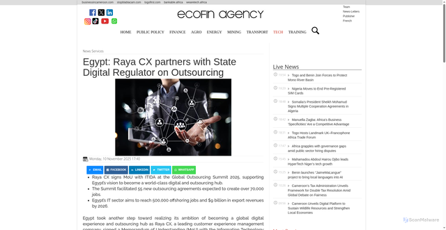 Security scan screenshot of https://www.ecofinagency.com/news-services/1011-50321-egypt-raya-cx-partners-with-state-digital-regulator-on-outsourcing