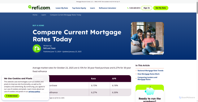 Security scan screenshot of https://refi.com/learn/mortgage-rates/