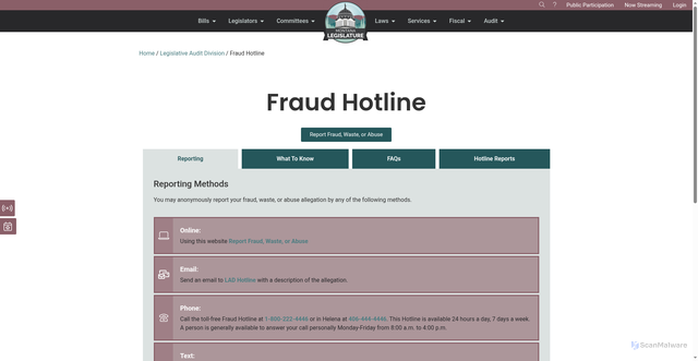 Security scan screenshot of https://www.legmt.gov/lad/fraud-hotline/